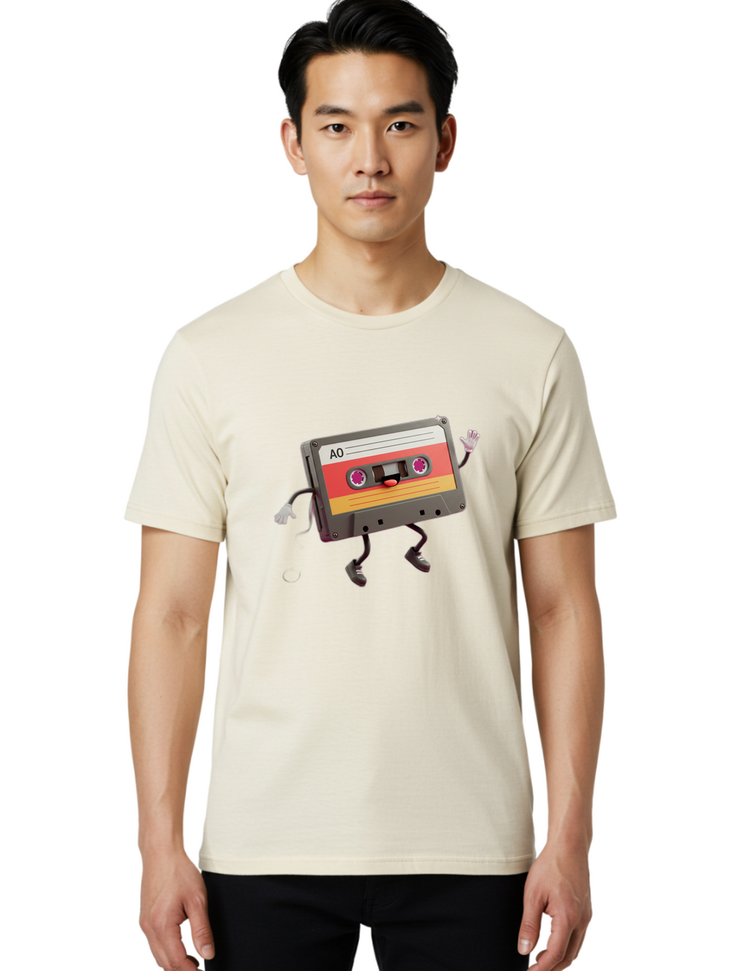 Ao-Cassette Men'S Graphic Tee, 100% Cotton, Comfortable Casual Summer Wear, Machine Washable, Retro Cassette Tape, Character Design, Anthropomorphic Object, Music Nostalgia, Vintage Technology, 80S And 90S Memorabilia, Funky Illustration, Baa136