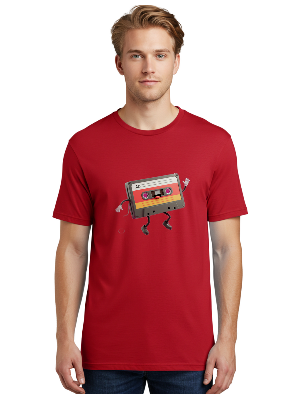 Ao-Cassette Men'S Graphic Tee, 100% Cotton, Comfortable Casual Summer Wear, Machine Washable, Retro Cassette Tape, Character Design, Anthropomorphic Object, Music Nostalgia, Vintage Technology, 80S And 90S Memorabilia, Funky Illustration, Baa136