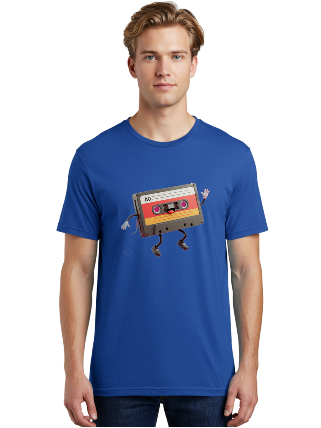 Ao-Cassette Men'S Graphic Tee, 100% Cotton, Comfortable Casual Summer Wear, Machine Washable, Retro Cassette Tape, Character Design, Anthropomorphic Object, Music Nostalgia, Vintage Technology, 80S And 90S Memorabilia, Funky Illustration, Baa136