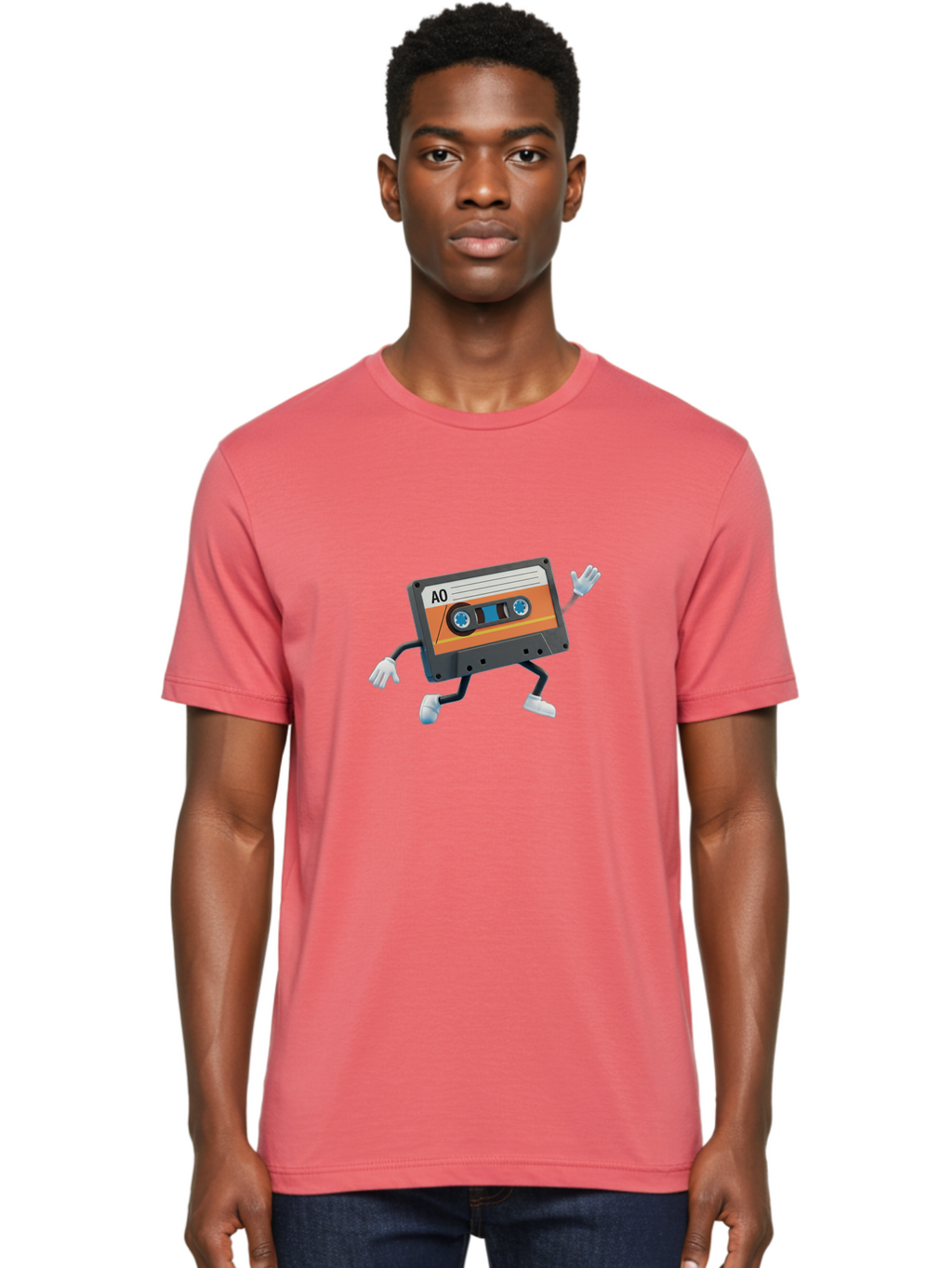 Ao-Mixtape Men'S Graphic Tee, 100% Cotton, Comfortable Casual Summer Wear, Machine Washable, Cartoon Cassette Tape, Vintage Music, Retro Technology, Orange Label, Ao Label, Black Plastic, White Gloves, Dancing Cassette, Funny Character, Baa137