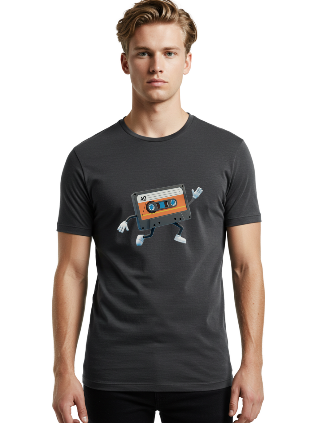 Ao-Mixtape Men'S Graphic Tee, 100% Cotton, Comfortable Casual Summer Wear, Machine Washable, Cartoon Cassette Tape, Vintage Music, Retro Technology, Orange Label, Ao Label, Black Plastic, White Gloves, Dancing Cassette, Funny Character, Baa137