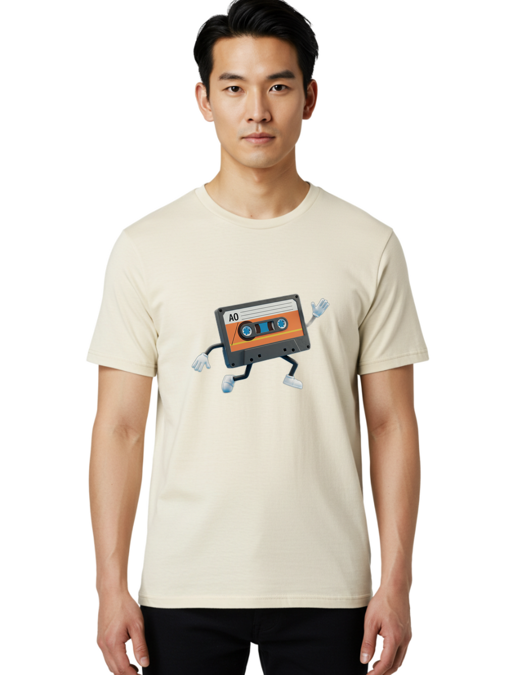 Ao-Mixtape Men'S Graphic Tee, 100% Cotton, Comfortable Casual Summer Wear, Machine Washable, Cartoon Cassette Tape, Vintage Music, Retro Technology, Orange Label, Ao Label, Black Plastic, White Gloves, Dancing Cassette, Funny Character, Baa137