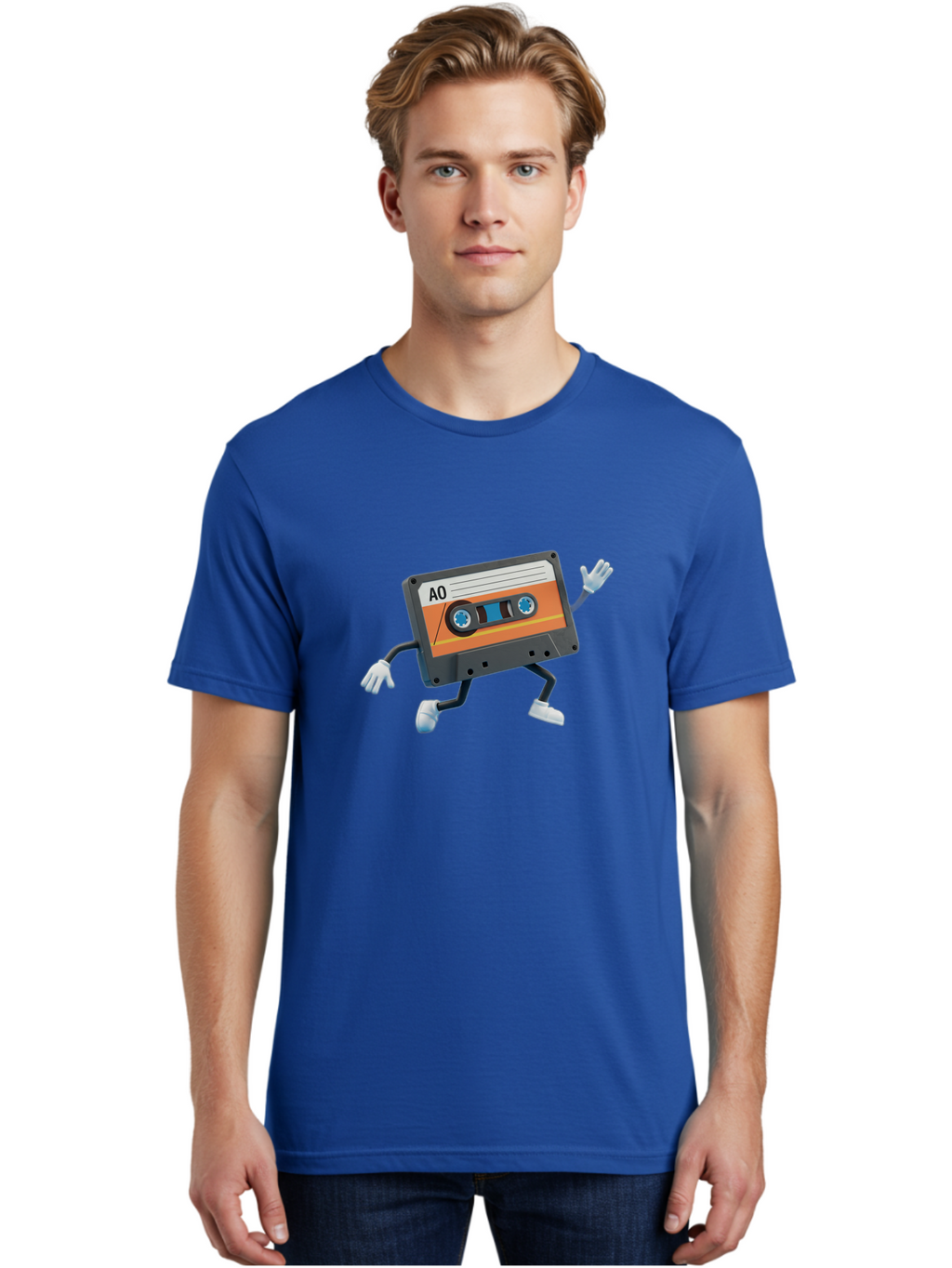 Ao-Mixtape Men'S Graphic Tee, 100% Cotton, Comfortable Casual Summer Wear, Machine Washable, Cartoon Cassette Tape, Vintage Music, Retro Technology, Orange Label, Ao Label, Black Plastic, White Gloves, Dancing Cassette, Funny Character, Baa137