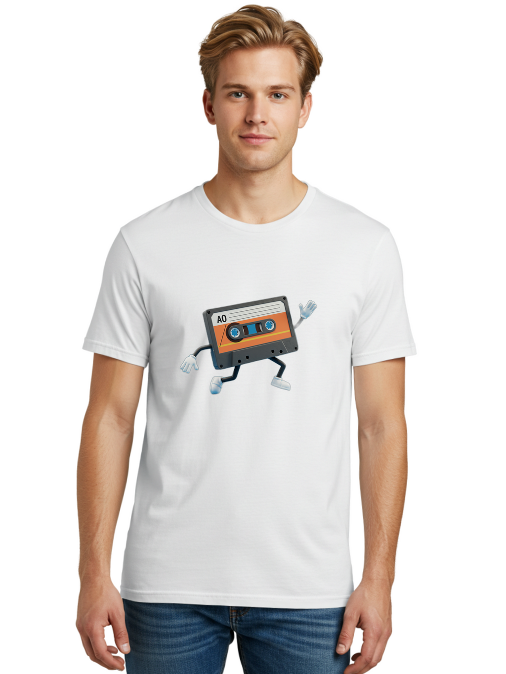 Ao-Mixtape Men'S Graphic Tee, 100% Cotton, Comfortable Casual Summer Wear, Machine Washable, Cartoon Cassette Tape, Vintage Music, Retro Technology, Orange Label, Ao Label, Black Plastic, White Gloves, Dancing Cassette, Funny Character, Baa137