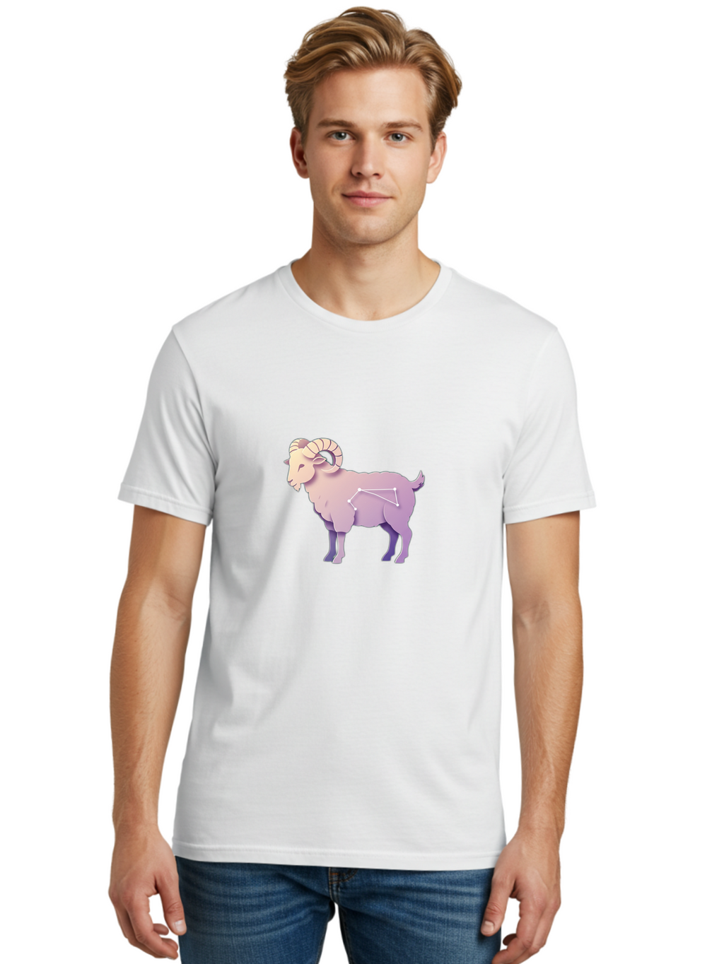 Aries-Constellation-Goat Men'S Graphic Tee, 100% Cotton, Comfortable Casual Summer Wear, Machine Washable, Ram Constellation, Aries Zodiac Sign, Goat Symbolism, Astrology Illustration, Horoscope Graphics, Constellation Diagram, Zodiac Artwork Baa138