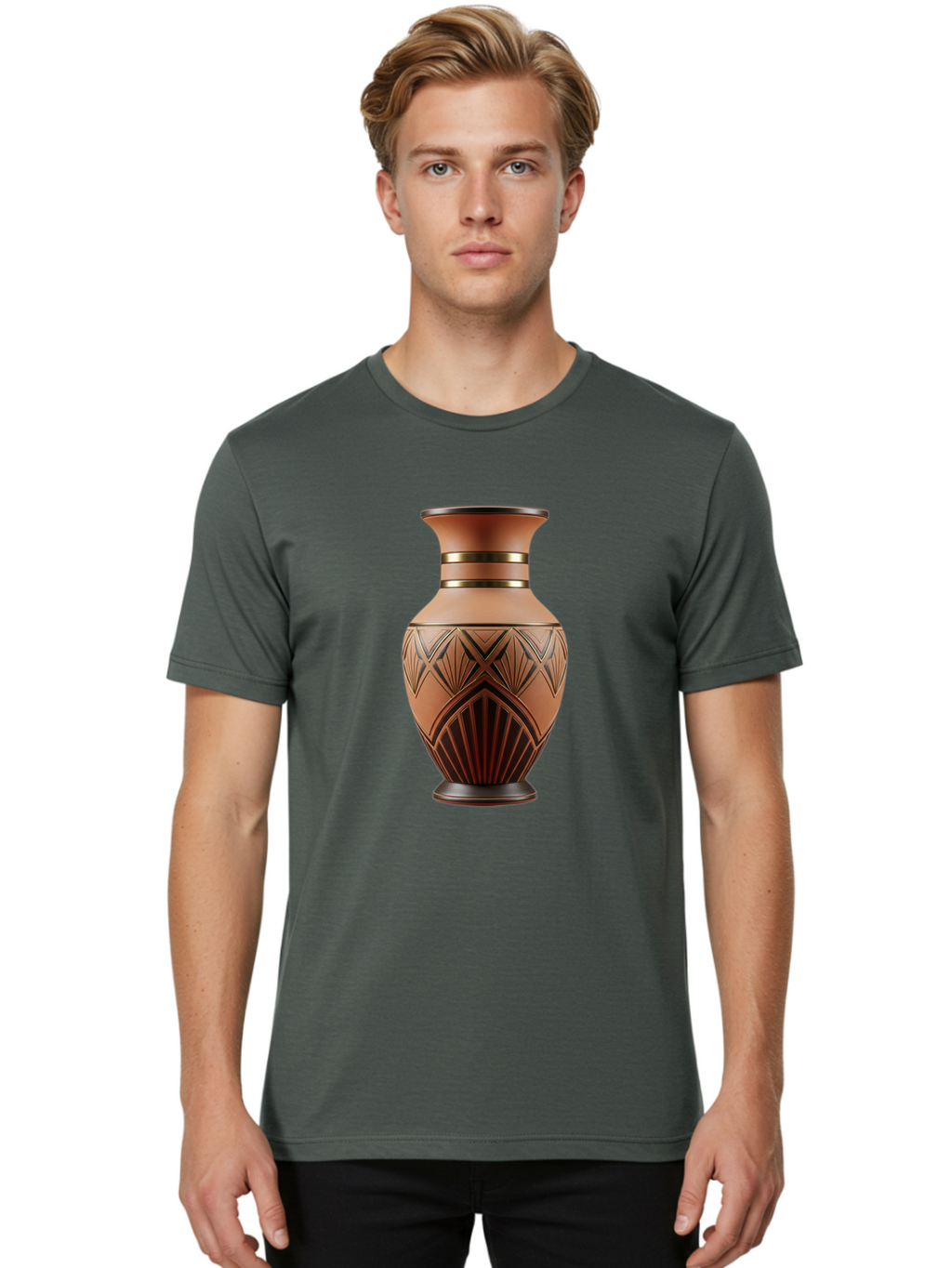 Art-Deco-Vase Men'S Graphic Tee, 100% Cotton, Comfortable Casual Summer Wear, Machine Washable, Copper Vase, Antique Vase, Decorative Vase, Geometric Patterns, Ornate Design, Vintage Decor, Luxury Home Decor, Elegant Interior Design, Baa139