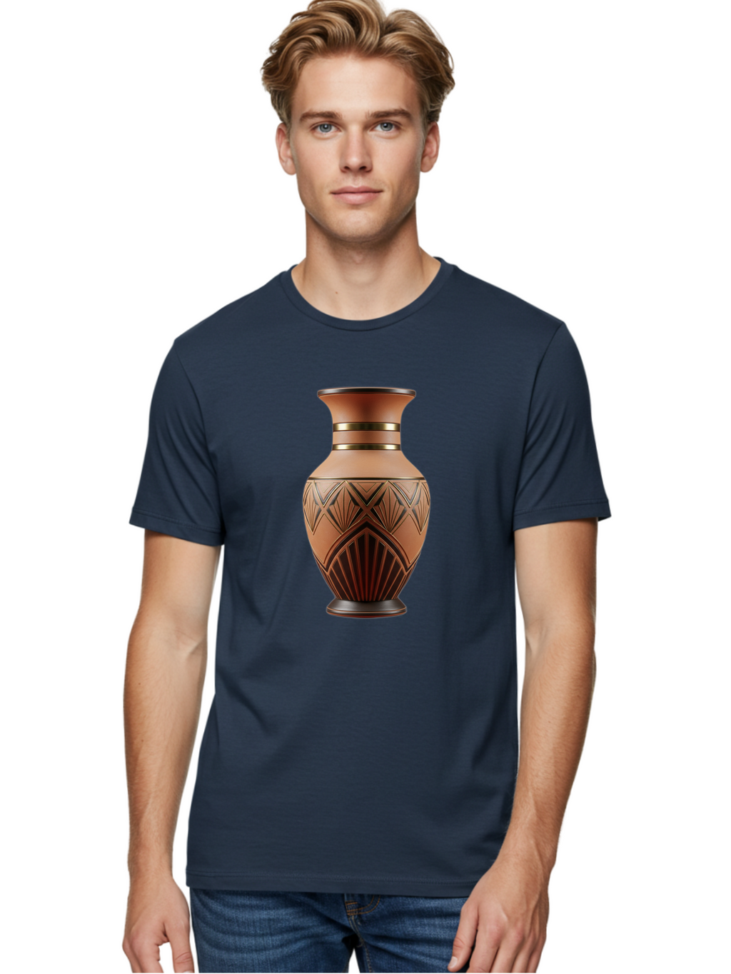 Art-Deco-Vase Men'S Graphic Tee, 100% Cotton, Comfortable Casual Summer Wear, Machine Washable, Copper Vase, Antique Vase, Decorative Vase, Geometric Patterns, Ornate Design, Vintage Decor, Luxury Home Decor, Elegant Interior Design, Baa139