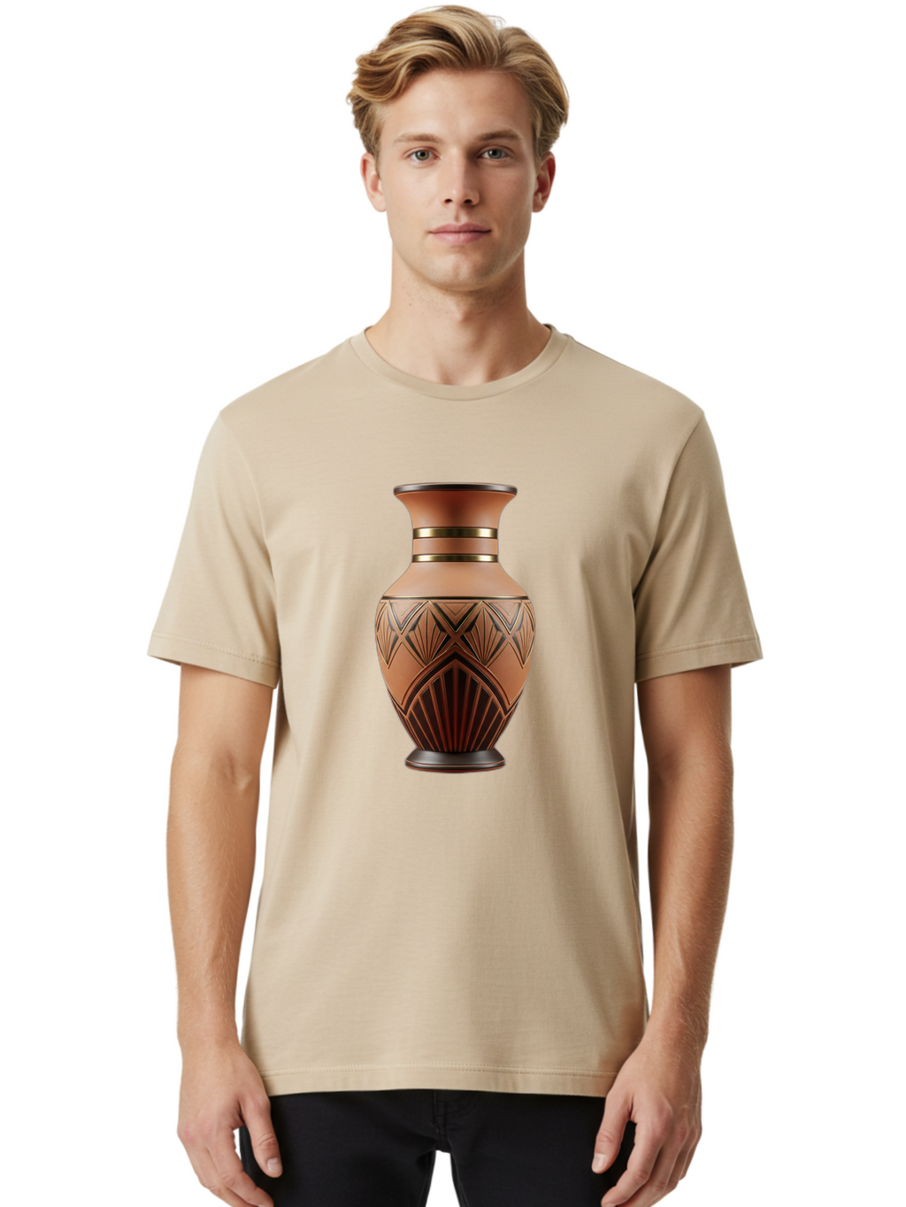 Art-Deco-Vase Men'S Graphic Tee, 100% Cotton, Comfortable Casual Summer Wear, Machine Washable, Copper Vase, Antique Vase, Decorative Vase, Geometric Patterns, Ornate Design, Vintage Decor, Luxury Home Decor, Elegant Interior Design, Baa139