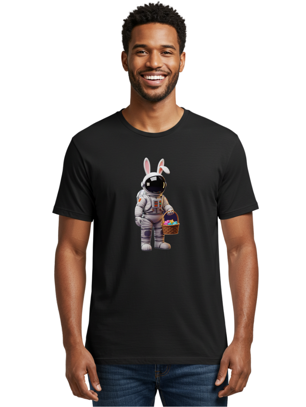 Astronaut-Bunny Men'S Graphic Tee, 100% Cotton, Comfortable Casual Summer Wear, Machine Washable, Astronaut With Bunny Ears, Space Suit, Easter Basket, Colorful Eggs, Digital Art, Futuristic, Holiday, Quirky, Easter Eggs, Festive Atmosphere, Baa143