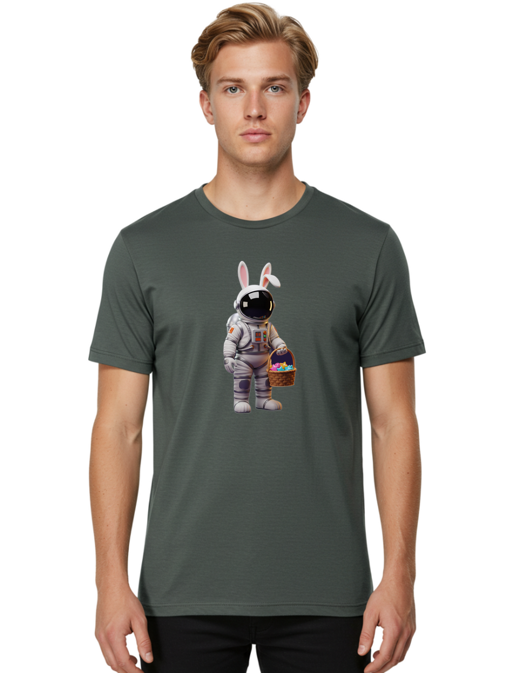 Astronaut-Bunny Men'S Graphic Tee, 100% Cotton, Comfortable Casual Summer Wear, Machine Washable, Astronaut With Bunny Ears, Space Suit, Easter Basket, Colorful Eggs, Digital Art, Futuristic, Holiday, Quirky, Easter Eggs, Festive Atmosphere, Baa143