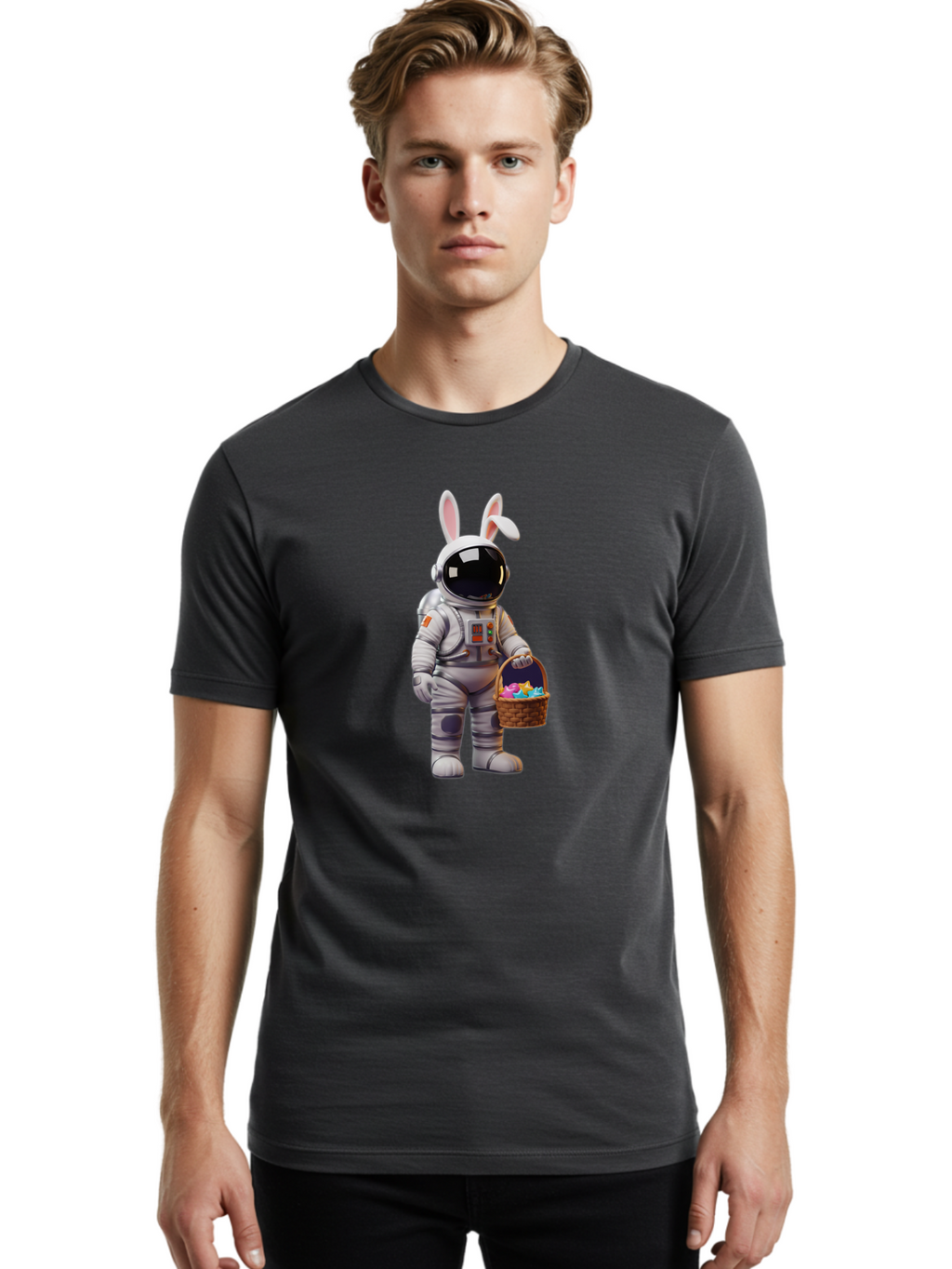 Astronaut-Bunny Men'S Graphic Tee, 100% Cotton, Comfortable Casual Summer Wear, Machine Washable, Astronaut With Bunny Ears, Space Suit, Easter Basket, Colorful Eggs, Digital Art, Futuristic, Holiday, Quirky, Easter Eggs, Festive Atmosphere, Baa143