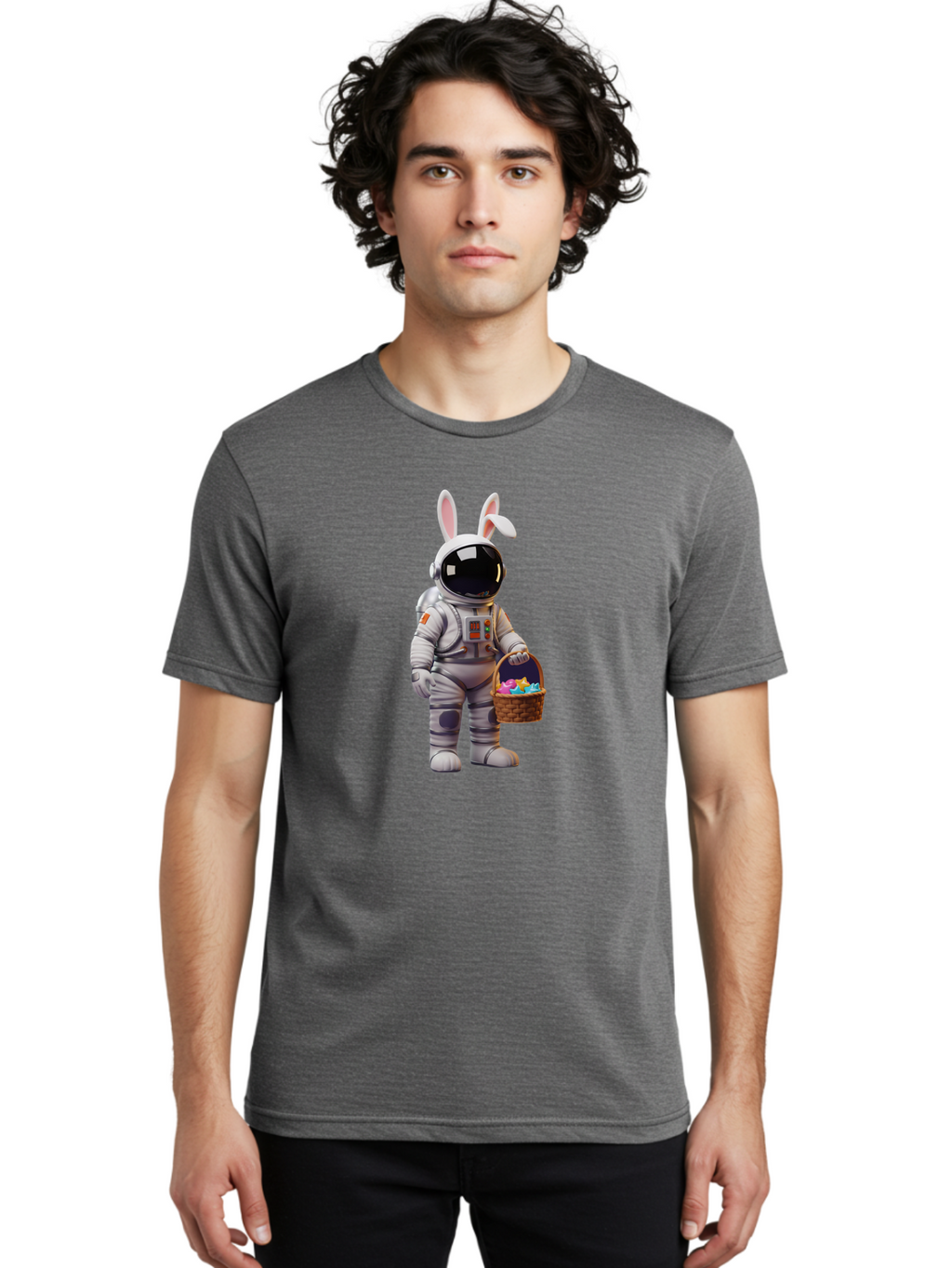 Astronaut-Bunny Men'S Graphic Tee, 100% Cotton, Comfortable Casual Summer Wear, Machine Washable, Astronaut With Bunny Ears, Space Suit, Easter Basket, Colorful Eggs, Digital Art, Futuristic, Holiday, Quirky, Easter Eggs, Festive Atmosphere, Baa143