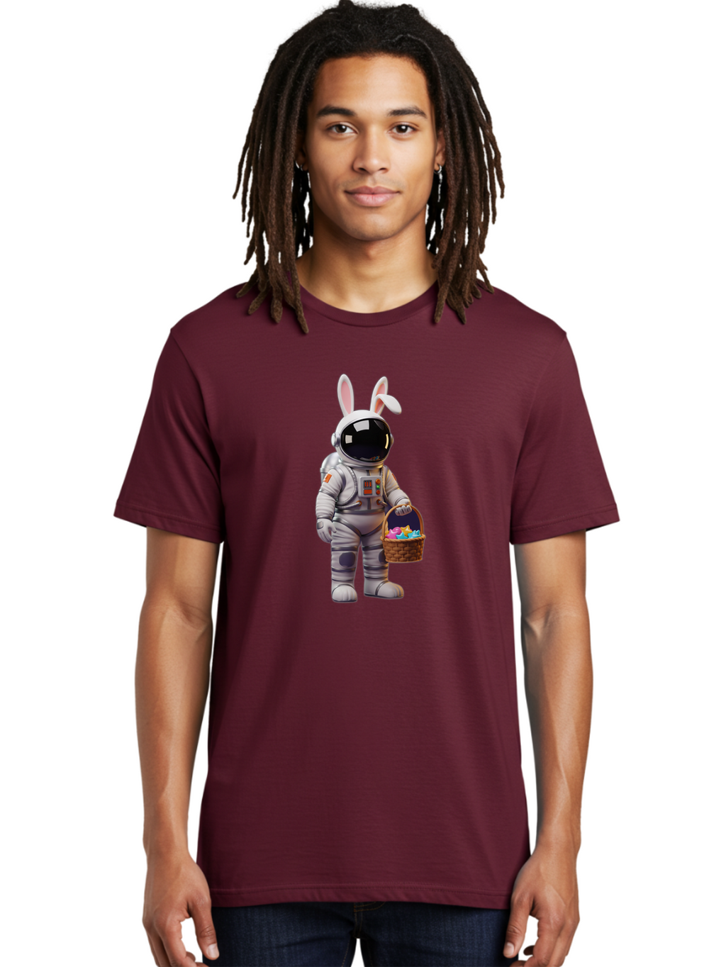 Astronaut-Bunny Men'S Graphic Tee, 100% Cotton, Comfortable Casual Summer Wear, Machine Washable, Astronaut With Bunny Ears, Space Suit, Easter Basket, Colorful Eggs, Digital Art, Futuristic, Holiday, Quirky, Easter Eggs, Festive Atmosphere, Baa143