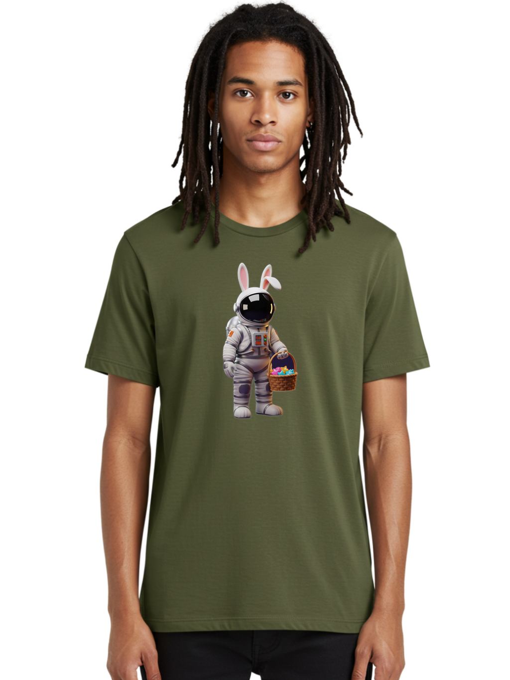 Astronaut-Bunny Men'S Graphic Tee, 100% Cotton, Comfortable Casual Summer Wear, Machine Washable, Astronaut With Bunny Ears, Space Suit, Easter Basket, Colorful Eggs, Digital Art, Futuristic, Holiday, Quirky, Easter Eggs, Festive Atmosphere, Baa143