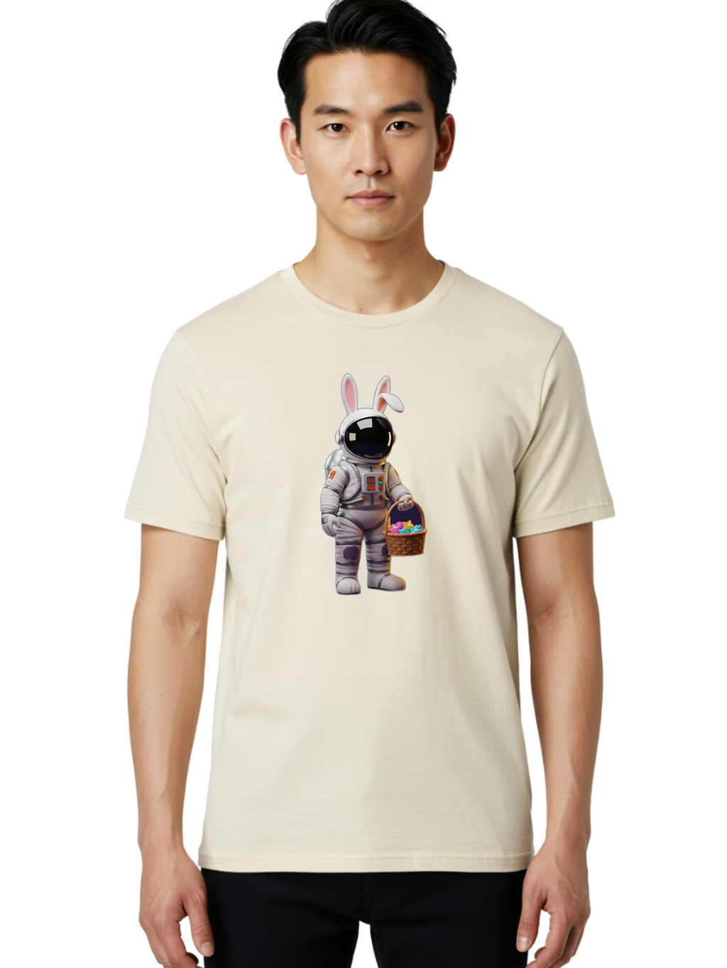 Astronaut-Bunny Men'S Graphic Tee, 100% Cotton, Comfortable Casual Summer Wear, Machine Washable, Astronaut With Bunny Ears, Space Suit, Easter Basket, Colorful Eggs, Digital Art, Futuristic, Holiday, Quirky, Easter Eggs, Festive Atmosphere, Baa143