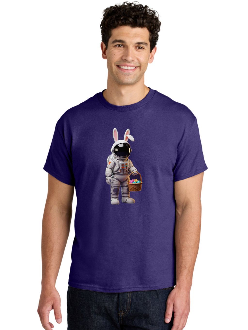 Astronaut-Bunny Men'S Graphic Tee, 100% Cotton, Comfortable Casual Summer Wear, Machine Washable, Astronaut With Bunny Ears, Space Suit, Easter Basket, Colorful Eggs, Digital Art, Futuristic, Holiday, Quirky, Easter Eggs, Festive Atmosphere, Baa143