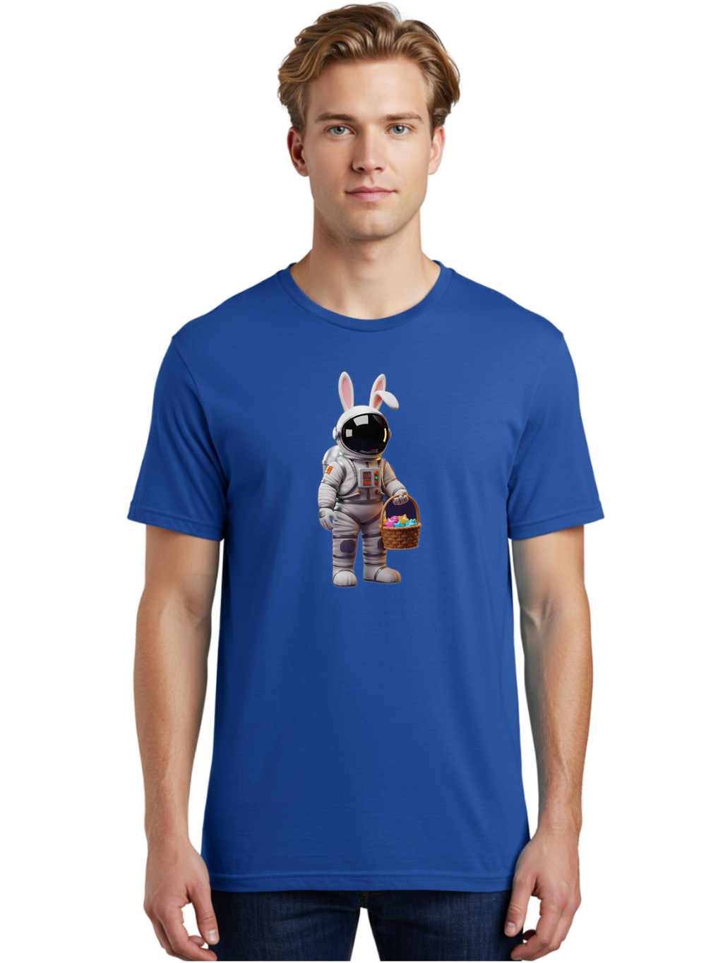 Astronaut-Bunny Men'S Graphic Tee, 100% Cotton, Comfortable Casual Summer Wear, Machine Washable, Astronaut With Bunny Ears, Space Suit, Easter Basket, Colorful Eggs, Digital Art, Futuristic, Holiday, Quirky, Easter Eggs, Festive Atmosphere, Baa143