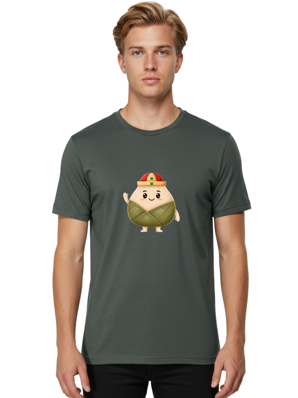 Bak-Chang Men'S Graphic Tee, 100% Cotton, Comfortable Casual Summer Wear, Machine Washable, Zongzi Cartoon Character, Dumpling Wrapped In Leaves, Chinese Traditional Food, Kawaii Illustration, Smiling Dumpling, Cute Mascot, Festive Hat, Baa145