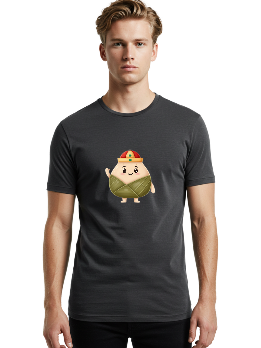 Bak-Chang Men'S Graphic Tee, 100% Cotton, Comfortable Casual Summer Wear, Machine Washable, Zongzi Cartoon Character, Dumpling Wrapped In Leaves, Chinese Traditional Food, Kawaii Illustration, Smiling Dumpling, Cute Mascot, Festive Hat, Baa145