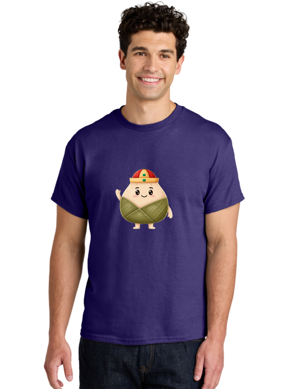 Bak-Chang Men'S Graphic Tee, 100% Cotton, Comfortable Casual Summer Wear, Machine Washable, Zongzi Cartoon Character, Dumpling Wrapped In Leaves, Chinese Traditional Food, Kawaii Illustration, Smiling Dumpling, Cute Mascot, Festive Hat, Baa145