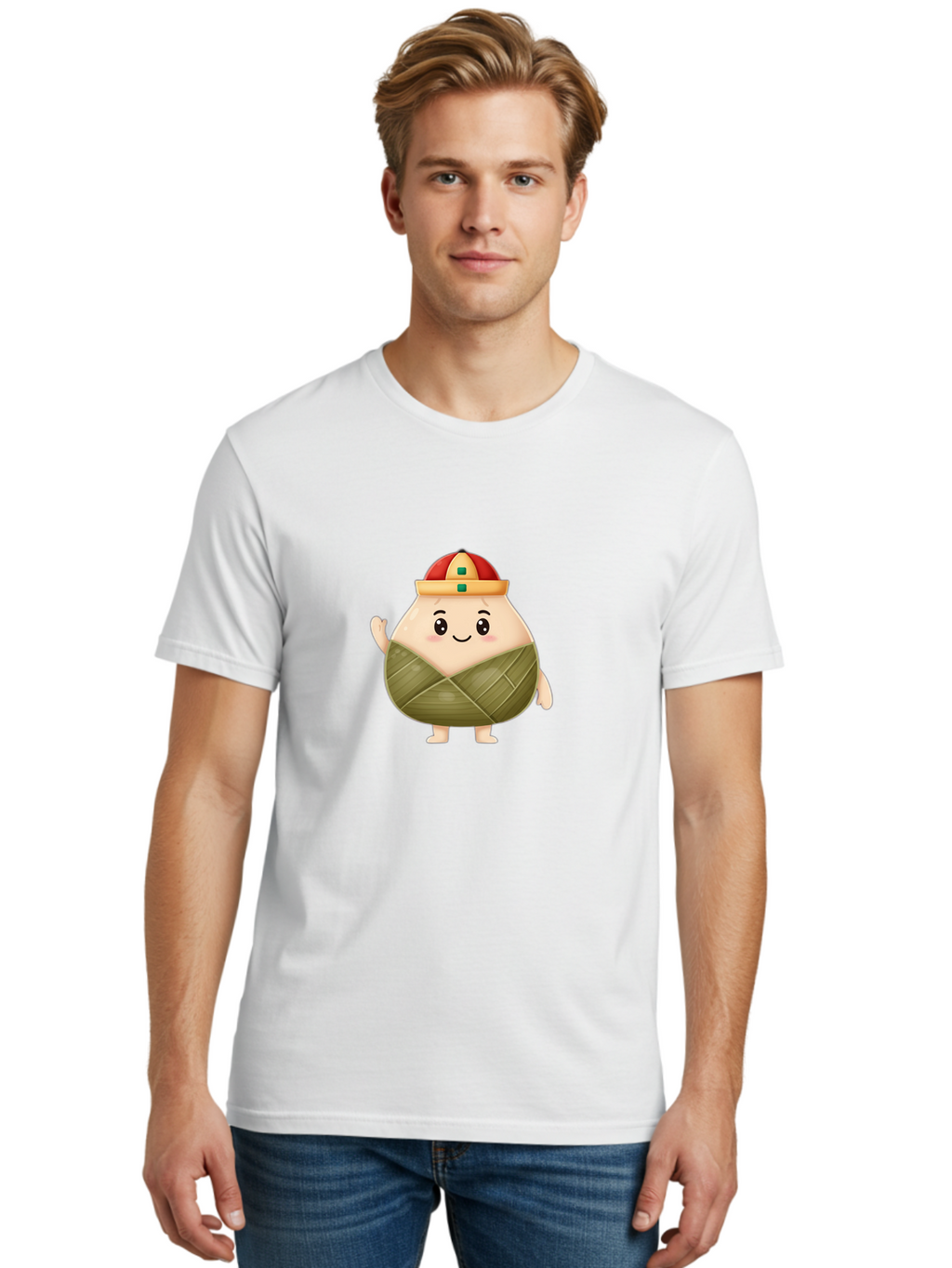 Bak-Chang Men'S Graphic Tee, 100% Cotton, Comfortable Casual Summer Wear, Machine Washable, Zongzi Cartoon Character, Dumpling Wrapped In Leaves, Chinese Traditional Food, Kawaii Illustration, Smiling Dumpling, Cute Mascot, Festive Hat, Baa145