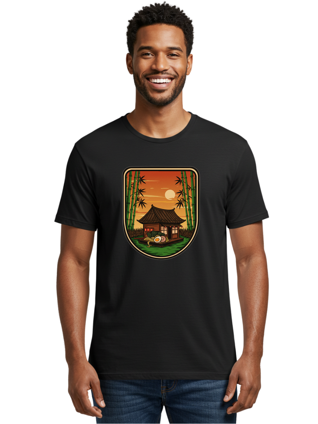 Bamboo-House Men'S Graphic Tee, 100% Cotton, Comfortable Casual Summer Wear, Machine Washable, Sake Bottle, Bamboo Forest, Traditional Japanese House, Serene Landscape, Peaceful Atmosphere, Japanese Culture, Evening Scene, Full Moon, Baa147