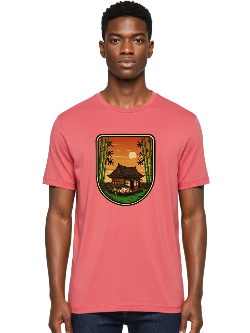 Bamboo-House Men'S Graphic Tee, 100% Cotton, Comfortable Casual Summer Wear, Machine Washable, Sake Bottle, Bamboo Forest, Traditional Japanese House, Serene Landscape, Peaceful Atmosphere, Japanese Culture, Evening Scene, Full Moon, Baa147