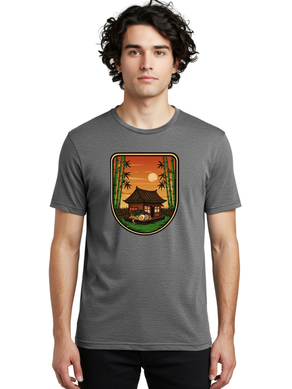 Bamboo-House Men'S Graphic Tee, 100% Cotton, Comfortable Casual Summer Wear, Machine Washable, Sake Bottle, Bamboo Forest, Traditional Japanese House, Serene Landscape, Peaceful Atmosphere, Japanese Culture, Evening Scene, Full Moon, Baa147