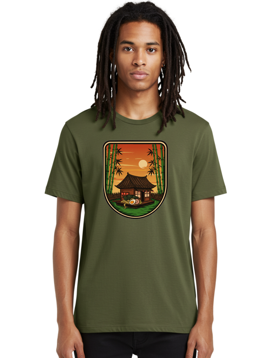 Bamboo-House Men'S Graphic Tee, 100% Cotton, Comfortable Casual Summer Wear, Machine Washable, Sake Bottle, Bamboo Forest, Traditional Japanese House, Serene Landscape, Peaceful Atmosphere, Japanese Culture, Evening Scene, Full Moon, Baa147