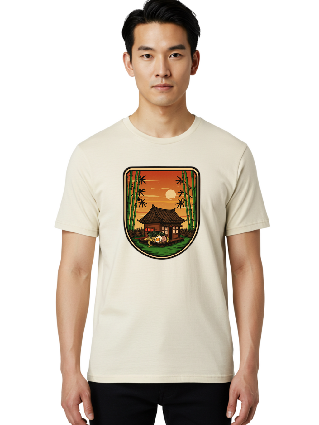 Bamboo-House Men'S Graphic Tee, 100% Cotton, Comfortable Casual Summer Wear, Machine Washable, Sake Bottle, Bamboo Forest, Traditional Japanese House, Serene Landscape, Peaceful Atmosphere, Japanese Culture, Evening Scene, Full Moon, Baa147