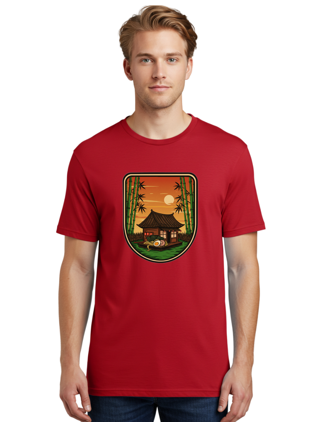 Bamboo-House Men'S Graphic Tee, 100% Cotton, Comfortable Casual Summer Wear, Machine Washable, Sake Bottle, Bamboo Forest, Traditional Japanese House, Serene Landscape, Peaceful Atmosphere, Japanese Culture, Evening Scene, Full Moon, Baa147