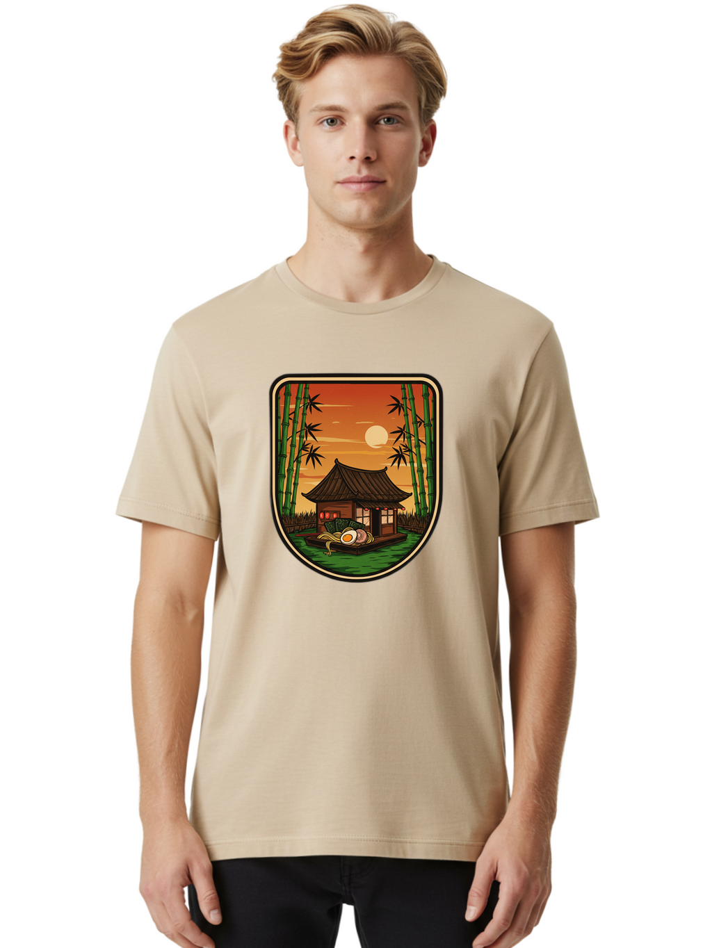 Bamboo-House Men'S Graphic Tee, 100% Cotton, Comfortable Casual Summer Wear, Machine Washable, Sake Bottle, Bamboo Forest, Traditional Japanese House, Serene Landscape, Peaceful Atmosphere, Japanese Culture, Evening Scene, Full Moon, Baa147