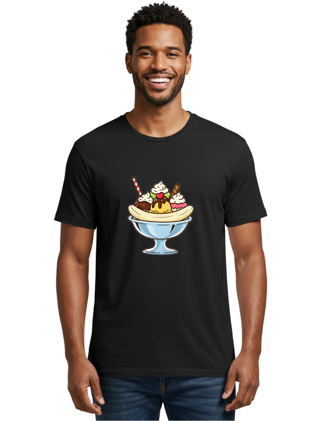 Banana-Split Men'S Graphic Tee, 100% Cotton, Comfortable Casual Summer Wear, Machine Washable, Banana Split, Sundae, Ice Cream Dessert, Whipped Cream, Chocolate Sauce, Cherry On Top, Colorful Treats, Sweet Indulgence Baa148