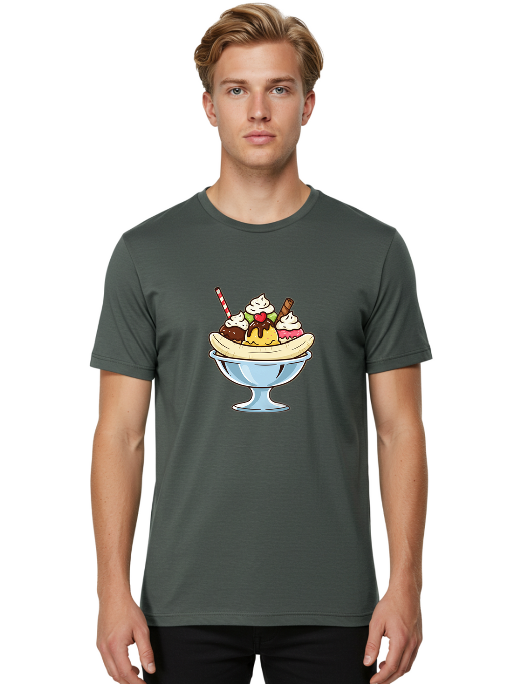 Banana-Split Men'S Graphic Tee, 100% Cotton, Comfortable Casual Summer Wear, Machine Washable, Banana Split, Sundae, Ice Cream Dessert, Whipped Cream, Chocolate Sauce, Cherry On Top, Colorful Treats, Sweet Indulgence Baa148
