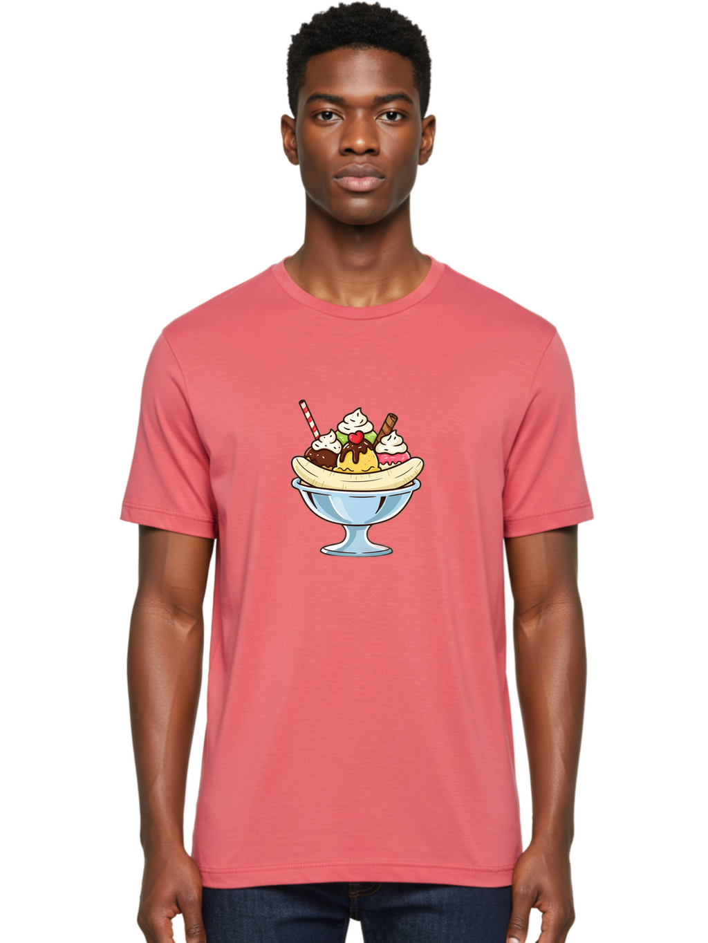 Banana-Split Men'S Graphic Tee, 100% Cotton, Comfortable Casual Summer Wear, Machine Washable, Banana Split, Sundae, Ice Cream Dessert, Whipped Cream, Chocolate Sauce, Cherry On Top, Colorful Treats, Sweet Indulgence Baa148