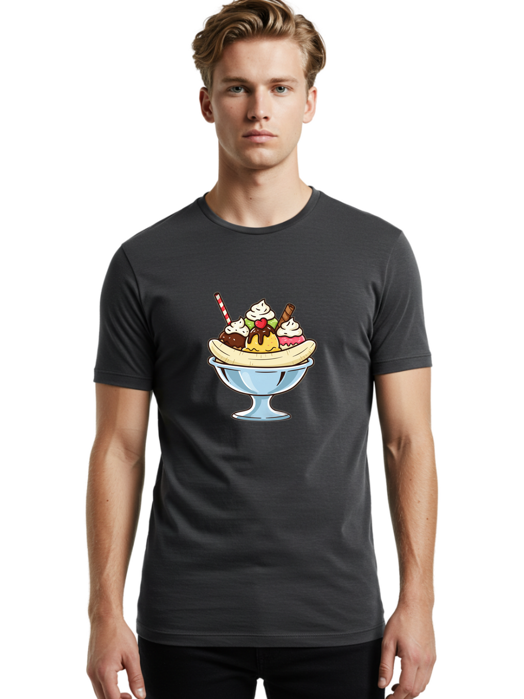 Banana-Split Men'S Graphic Tee, 100% Cotton, Comfortable Casual Summer Wear, Machine Washable, Banana Split, Sundae, Ice Cream Dessert, Whipped Cream, Chocolate Sauce, Cherry On Top, Colorful Treats, Sweet Indulgence Baa148