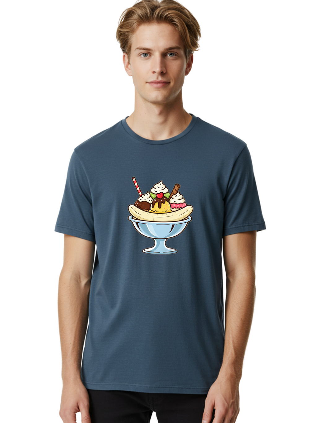 Banana-Split Men'S Graphic Tee, 100% Cotton, Comfortable Casual Summer Wear, Machine Washable, Banana Split, Sundae, Ice Cream Dessert, Whipped Cream, Chocolate Sauce, Cherry On Top, Colorful Treats, Sweet Indulgence Baa148