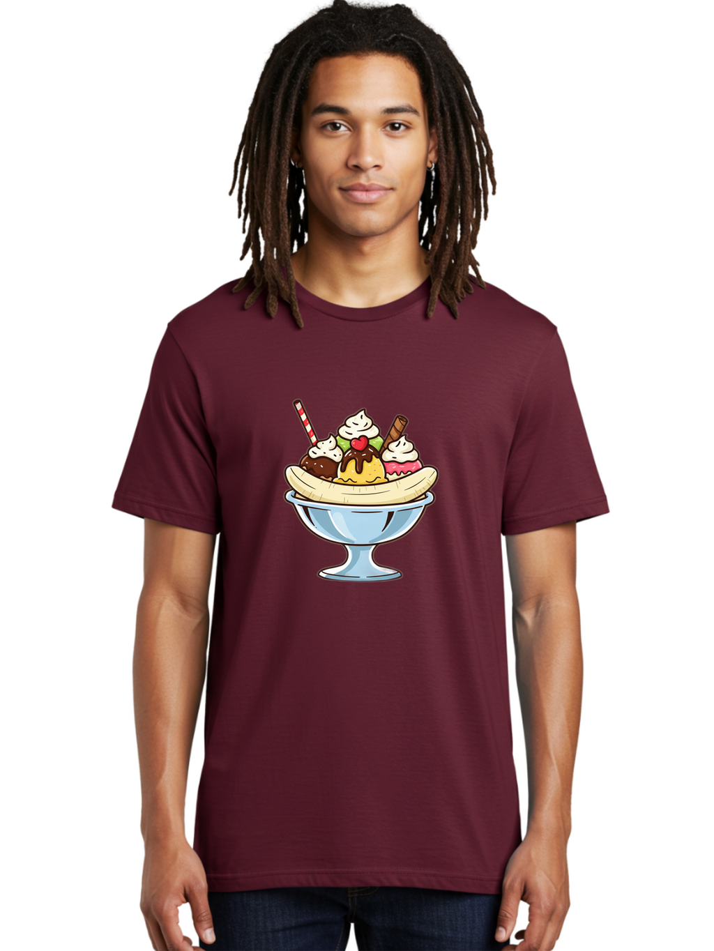 Banana-Split Men'S Graphic Tee, 100% Cotton, Comfortable Casual Summer Wear, Machine Washable, Banana Split, Sundae, Ice Cream Dessert, Whipped Cream, Chocolate Sauce, Cherry On Top, Colorful Treats, Sweet Indulgence Baa148