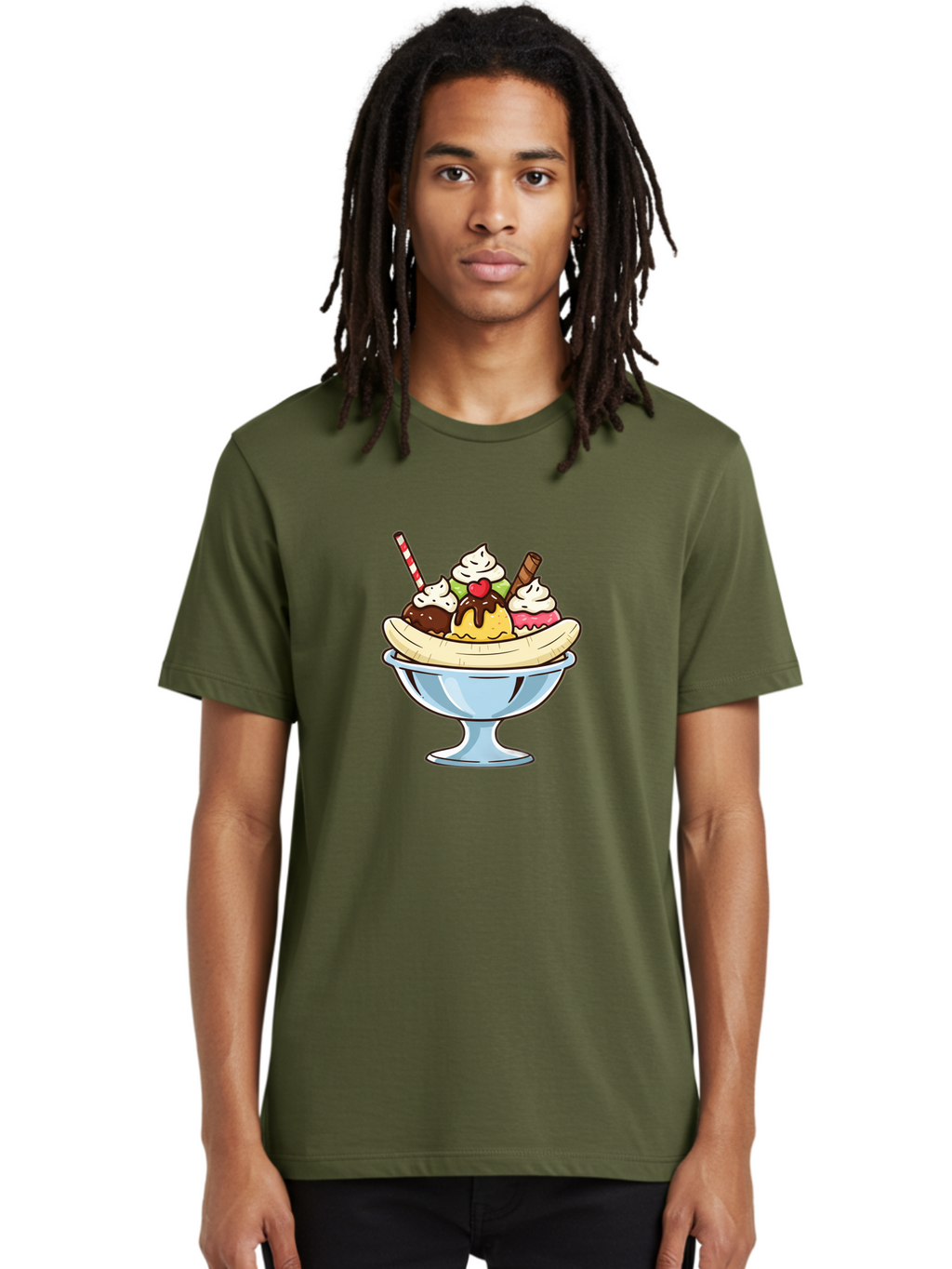 Banana-Split Men'S Graphic Tee, 100% Cotton, Comfortable Casual Summer Wear, Machine Washable, Banana Split, Sundae, Ice Cream Dessert, Whipped Cream, Chocolate Sauce, Cherry On Top, Colorful Treats, Sweet Indulgence Baa148