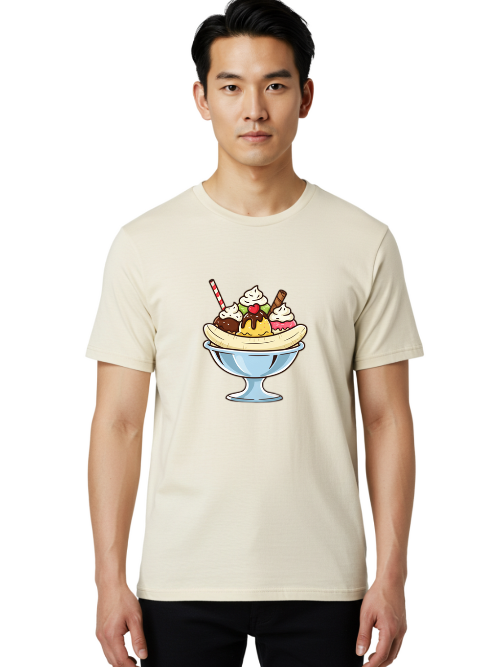 Banana-Split Men'S Graphic Tee, 100% Cotton, Comfortable Casual Summer Wear, Machine Washable, Banana Split, Sundae, Ice Cream Dessert, Whipped Cream, Chocolate Sauce, Cherry On Top, Colorful Treats, Sweet Indulgence Baa148
