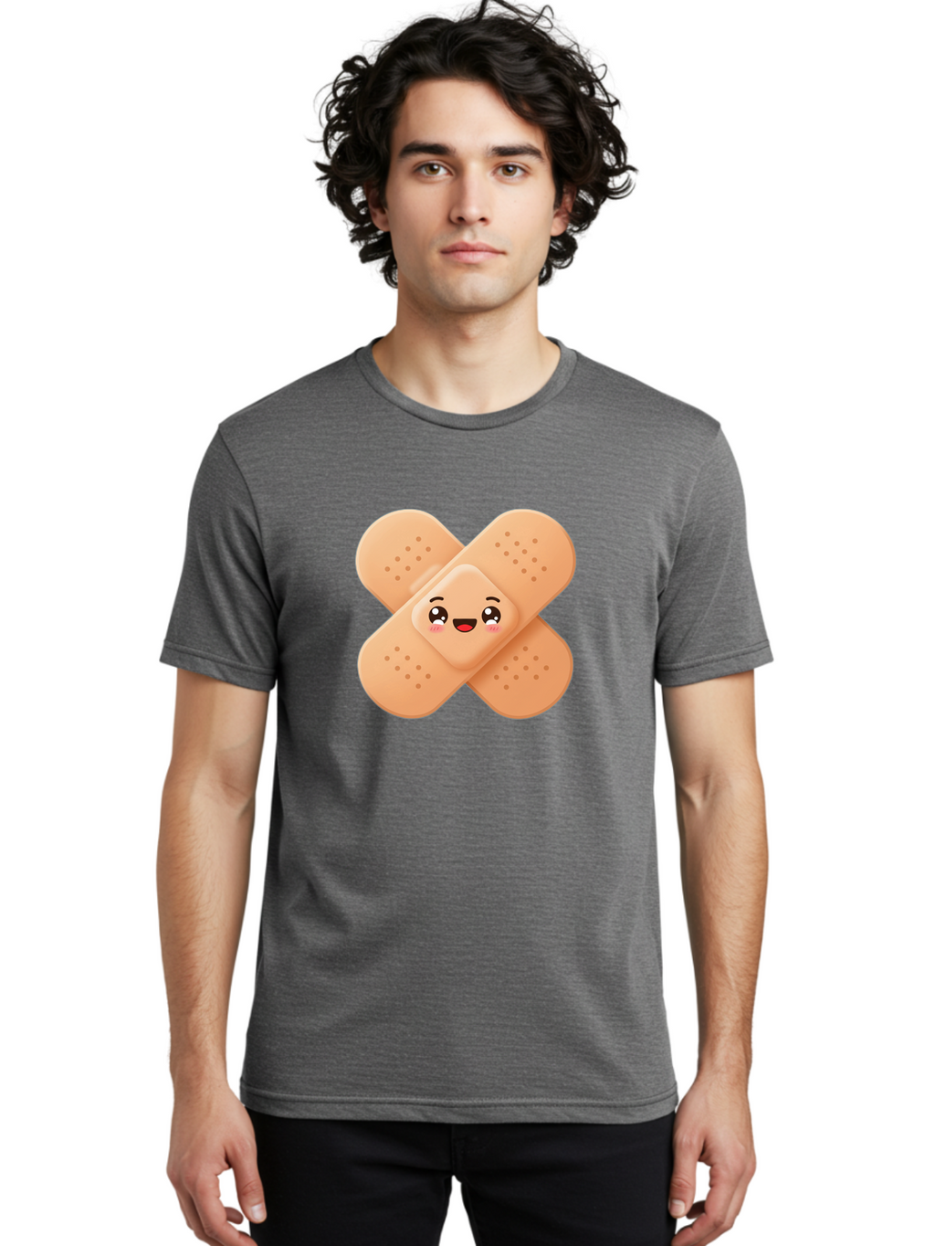 Band-Aid-Cartoon Men'S Graphic Tee, 100% Cotton, Comfortable Casual Summer Wear, Machine Washable, Band-Aid With Face, Cartoon Character, Cute Emoji, Smiling Face, First Aid Kit, Wound Care, Medical Symbol, Adhesive Bandage Baa149