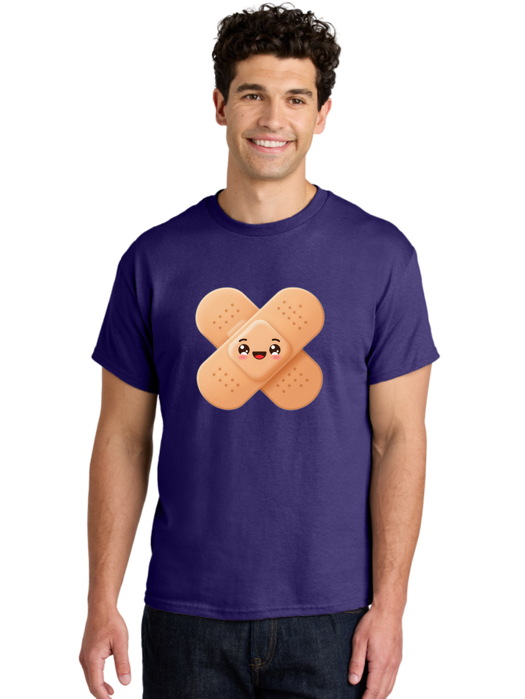 Band-Aid-Cartoon Men'S Graphic Tee, 100% Cotton, Comfortable Casual Summer Wear, Machine Washable, Band-Aid With Face, Cartoon Character, Cute Emoji, Smiling Face, First Aid Kit, Wound Care, Medical Symbol, Adhesive Bandage Baa149