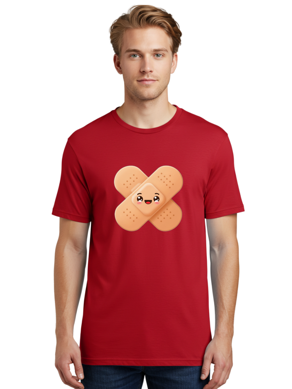 Band-Aid-Cartoon Men'S Graphic Tee, 100% Cotton, Comfortable Casual Summer Wear, Machine Washable, Band-Aid With Face, Cartoon Character, Cute Emoji, Smiling Face, First Aid Kit, Wound Care, Medical Symbol, Adhesive Bandage Baa149