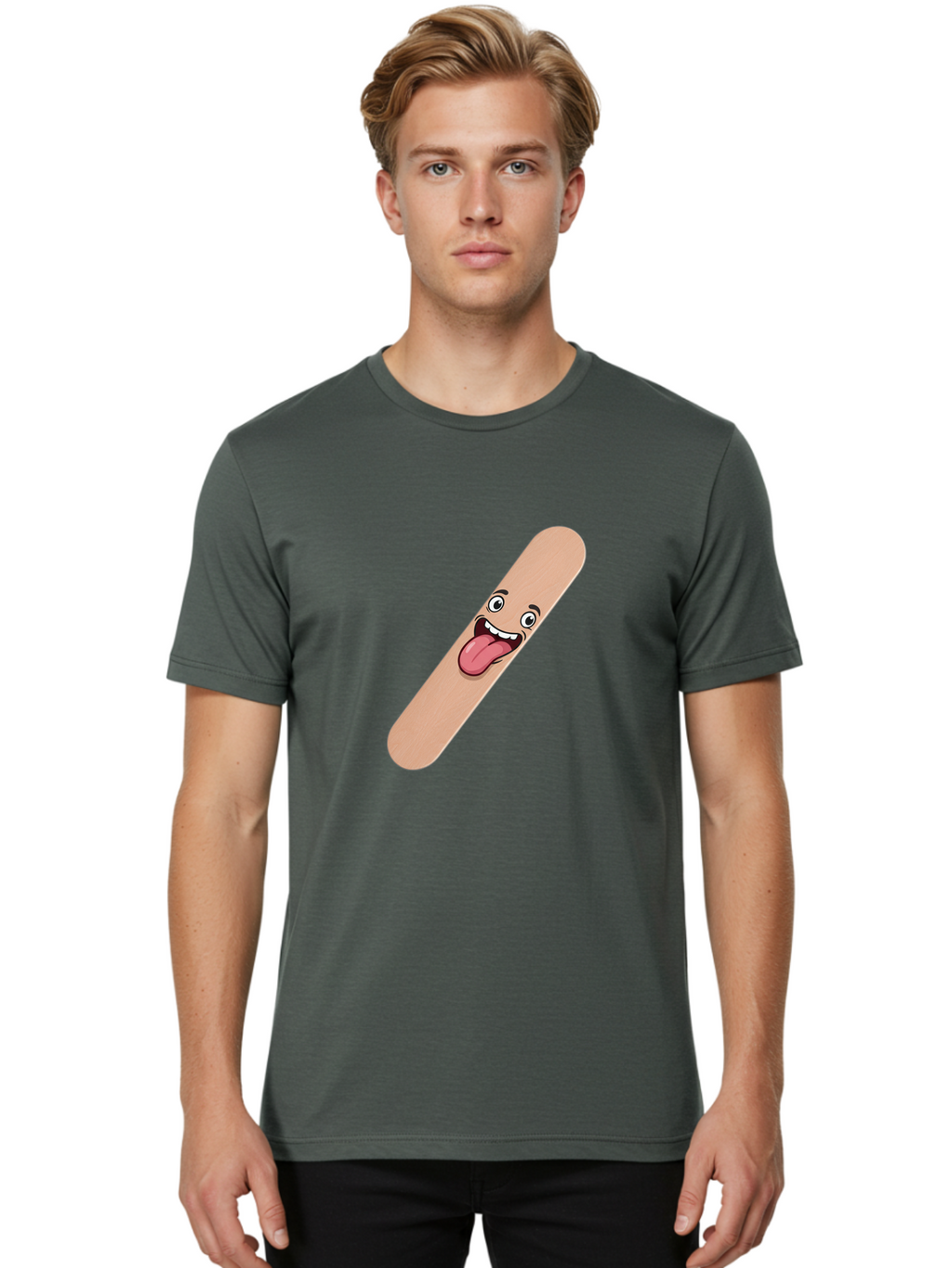 Bandage-Stick Men'S Graphic Tee, 100% Cotton, Comfortable Casual Summer Wear, Machine Washable, Cartoon Band-Aid, Funny Facial Expression, Tongue Out, Playful Character, Medical Humor, Quirky Illustration, Humorous Design Baa150
