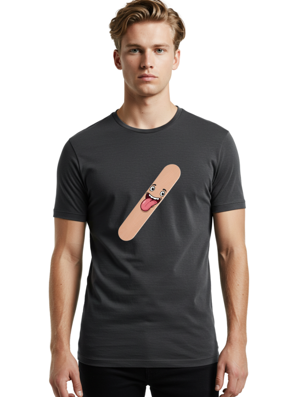 Bandage-Stick Men'S Graphic Tee, 100% Cotton, Comfortable Casual Summer Wear, Machine Washable, Cartoon Band-Aid, Funny Facial Expression, Tongue Out, Playful Character, Medical Humor, Quirky Illustration, Humorous Design Baa150
