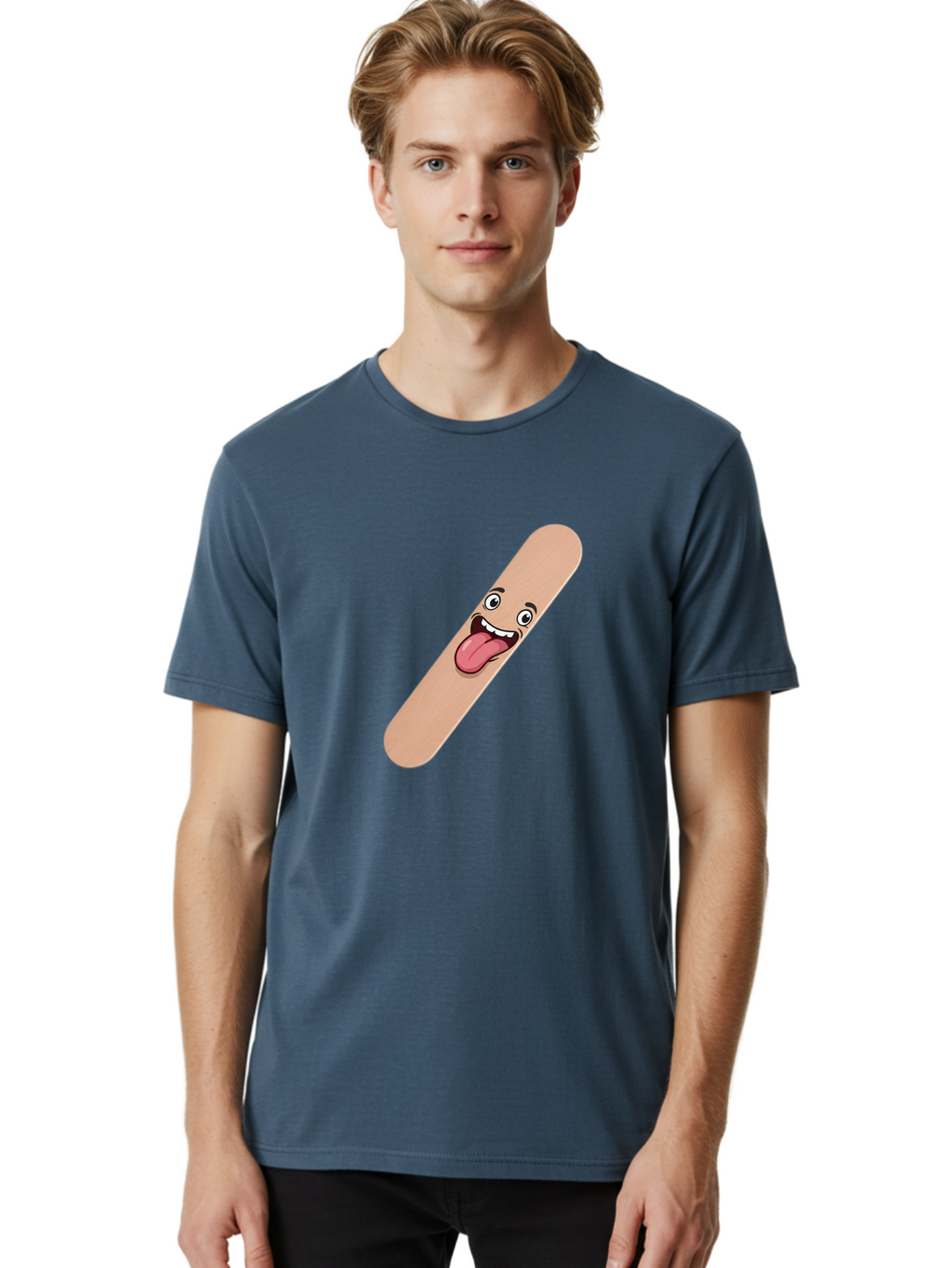 Bandage-Stick Men'S Graphic Tee, 100% Cotton, Comfortable Casual Summer Wear, Machine Washable, Cartoon Band-Aid, Funny Facial Expression, Tongue Out, Playful Character, Medical Humor, Quirky Illustration, Humorous Design Baa150
