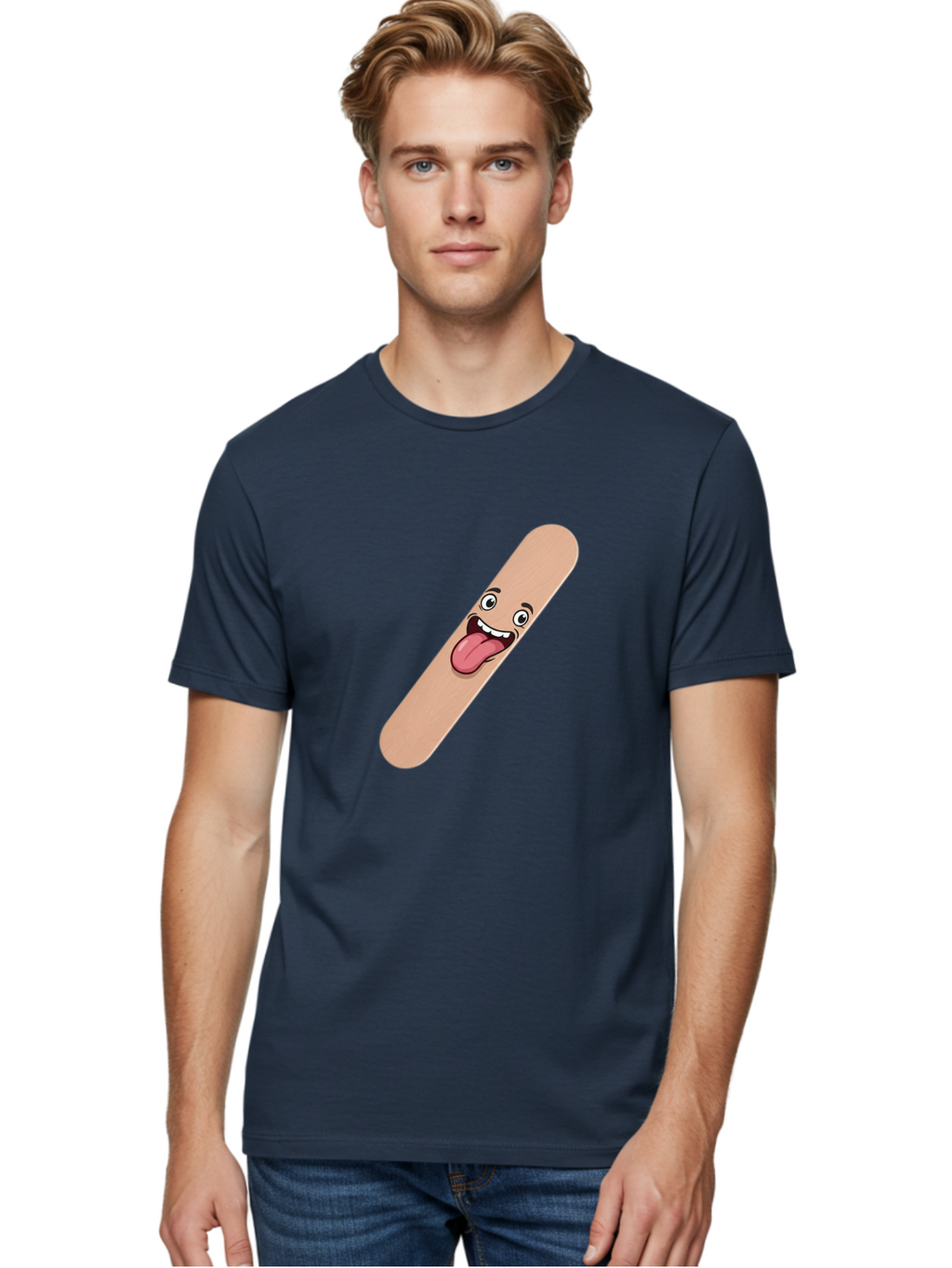 Bandage-Stick Men'S Graphic Tee, 100% Cotton, Comfortable Casual Summer Wear, Machine Washable, Cartoon Band-Aid, Funny Facial Expression, Tongue Out, Playful Character, Medical Humor, Quirky Illustration, Humorous Design Baa150