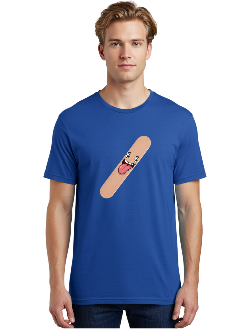Bandage-Stick Men'S Graphic Tee, 100% Cotton, Comfortable Casual Summer Wear, Machine Washable, Cartoon Band-Aid, Funny Facial Expression, Tongue Out, Playful Character, Medical Humor, Quirky Illustration, Humorous Design Baa150