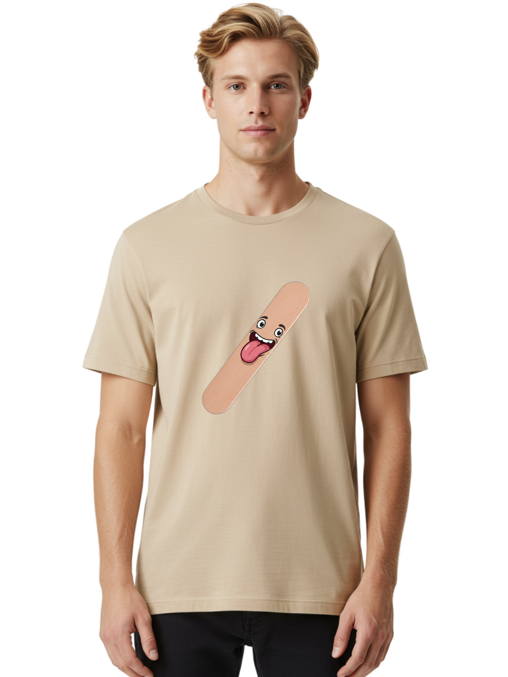 Bandage-Stick Men'S Graphic Tee, 100% Cotton, Comfortable Casual Summer Wear, Machine Washable, Cartoon Band-Aid, Funny Facial Expression, Tongue Out, Playful Character, Medical Humor, Quirky Illustration, Humorous Design Baa150