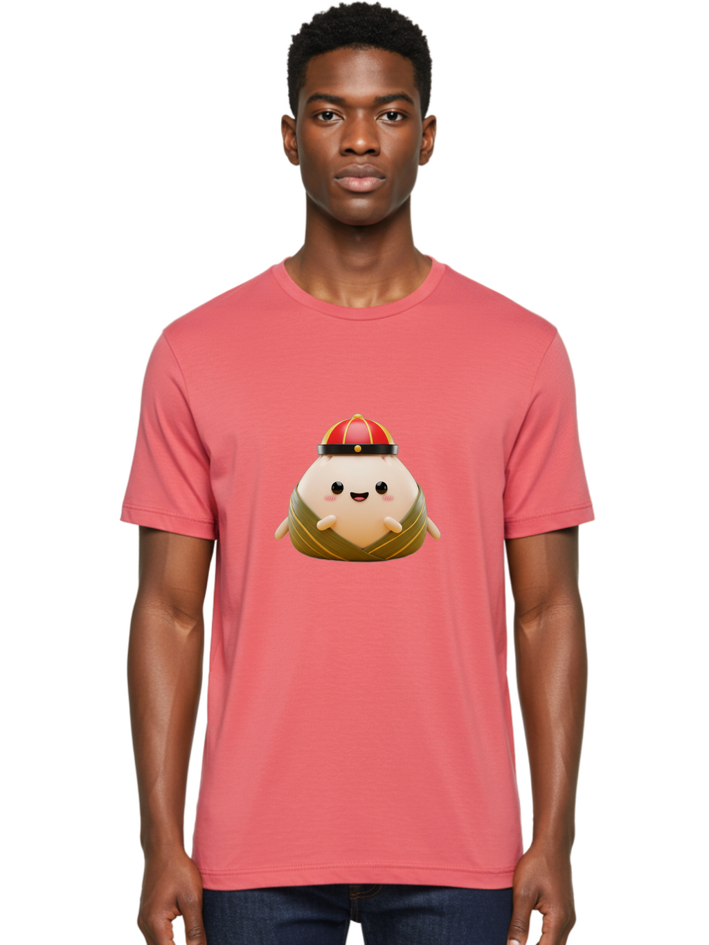 Baozi Men'S Graphic Tee, 100% Cotton, Comfortable Casual Summer Wear, Machine Washable, Cartoon Zongzi, Chinese Rice Dumpling, Traditional Food, Kawaii Character, Red Hat, Joyful Expression, Cute Illustration, Kawaii Art, Festive Food, Baa152